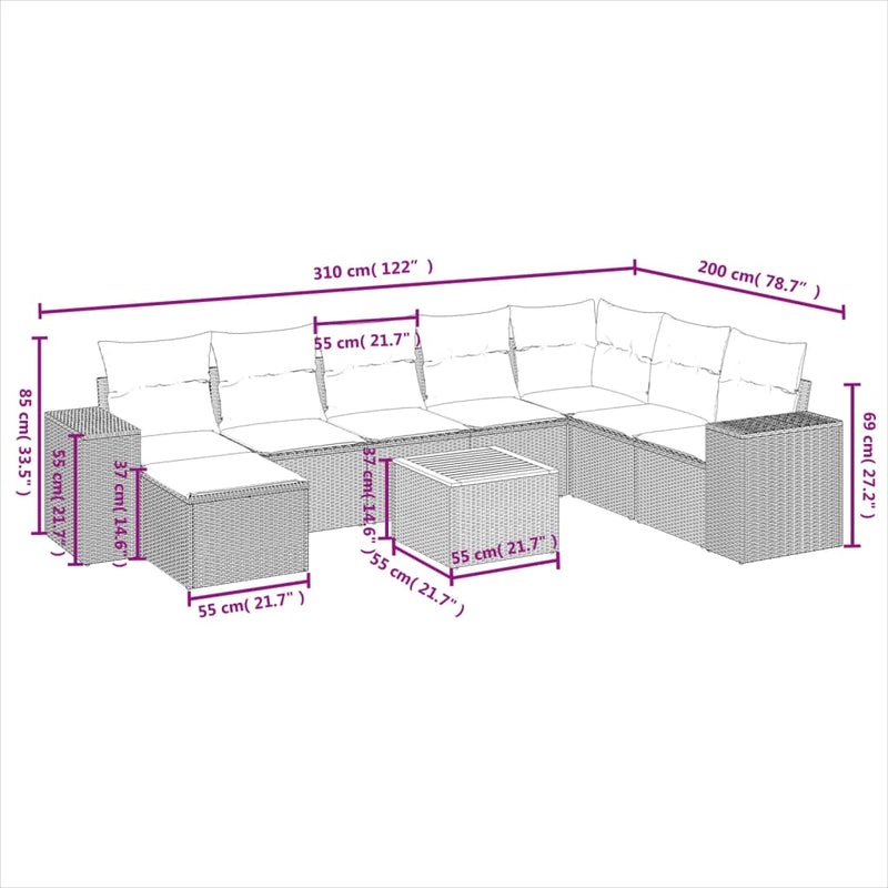 vidaXL 9 Piece Garden Sofa Set with Cushions Grey Poly Rattan
