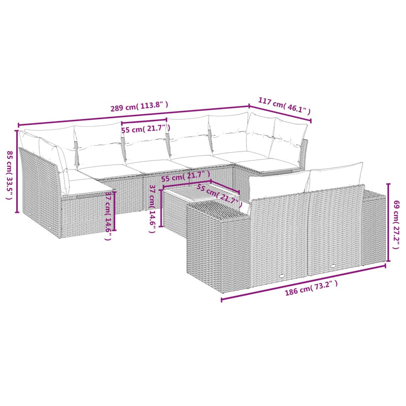 vidaXL 10 Piece Garden Sofa Set with Cushions Grey Poly Rattan