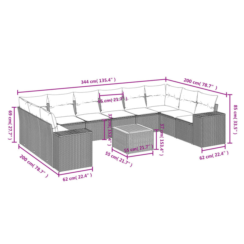 vidaXL 11 Piece Garden Sofa Set with Cushions Grey Poly Rattan