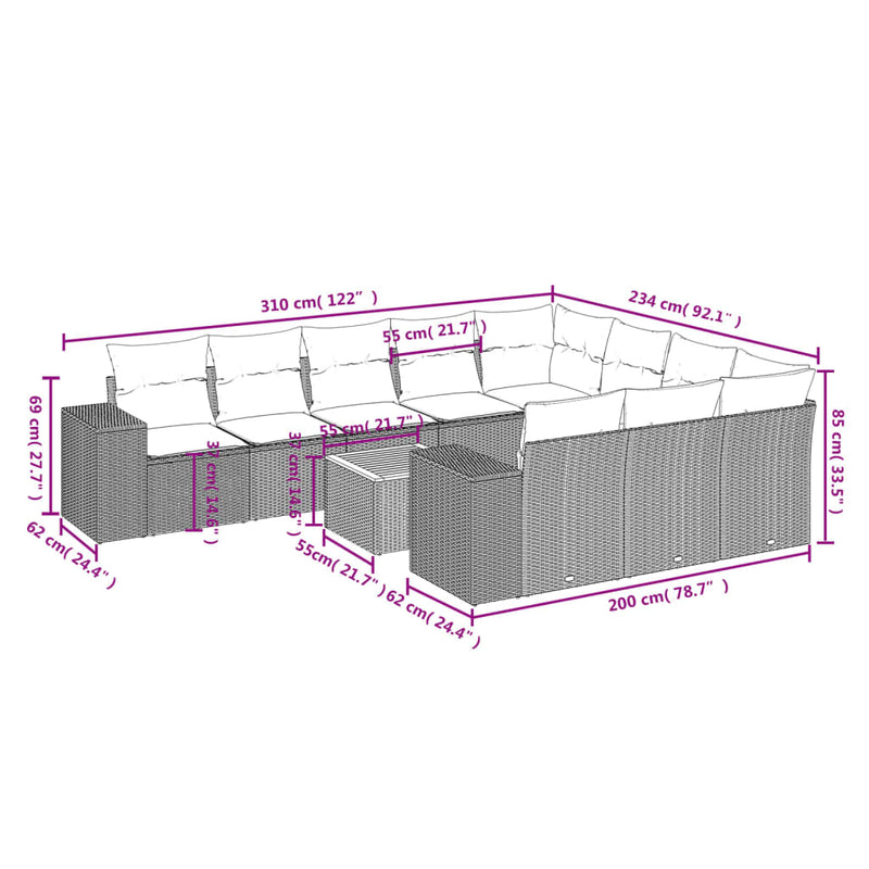 vidaXL 11 Piece Garden Sofa Set with Cushions Grey Poly Rattan