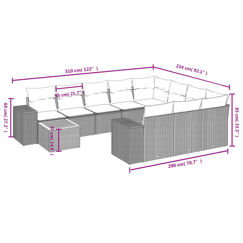 vidaXL 11 Piece Garden Sofa Set with Cushions Grey Poly Rattan