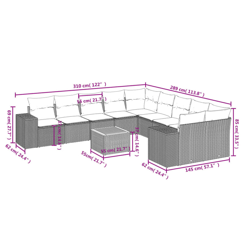 vidaXL 11 Piece Garden Sofa Set with Cushions Grey Poly Rattan