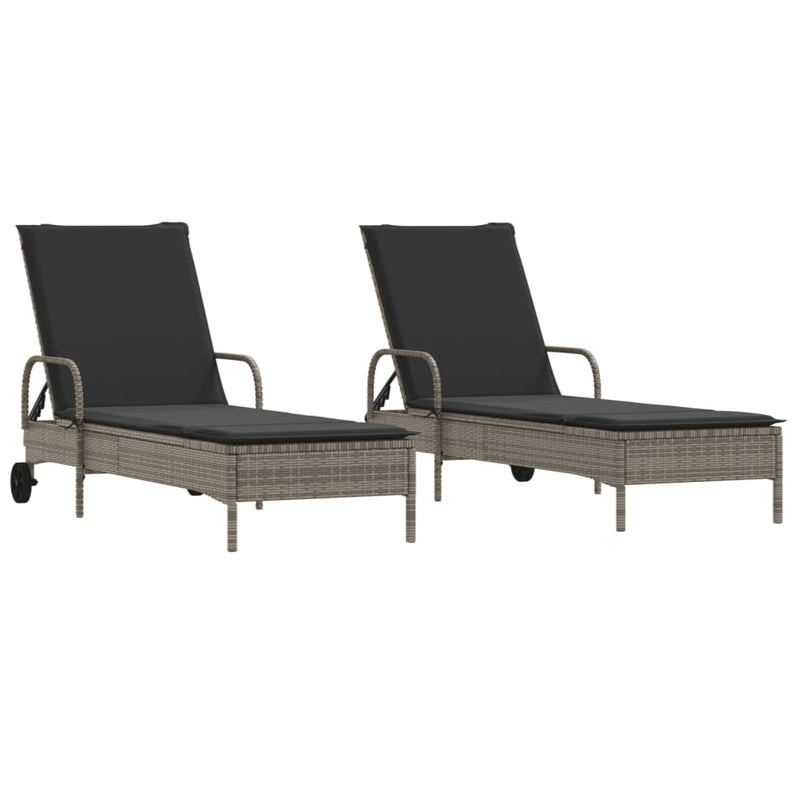 vidaXL Sun Loungers with Cushions 2 pcs Grey Poly Rattan