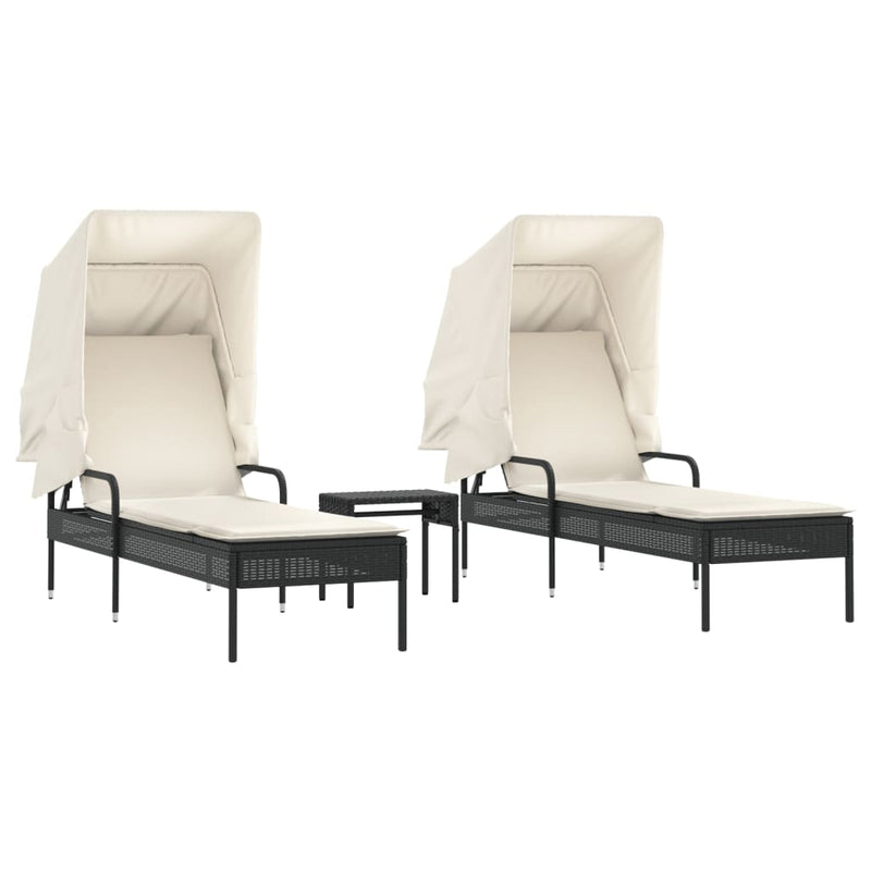 vidaXL Sun Loungers 2 pcs with Canopies and Table Black Poly Rattan