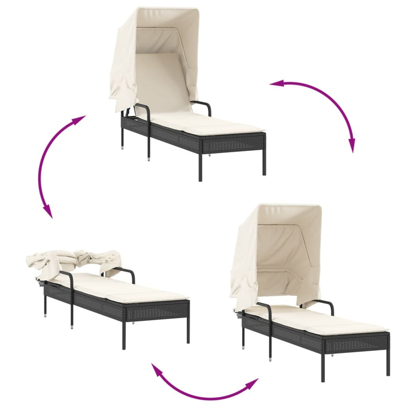 vidaXL Sun Loungers 2 pcs with Canopies and Table Black Poly Rattan