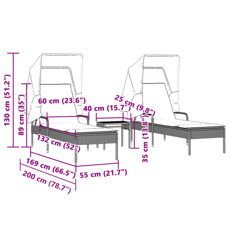 vidaXL Sun Loungers 2 pcs with Canopies and Table Black Poly Rattan