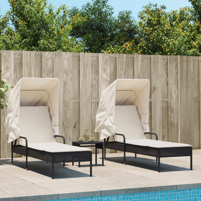 vidaXL Sun Loungers 2 pcs with Canopies and Table Black Poly Rattan