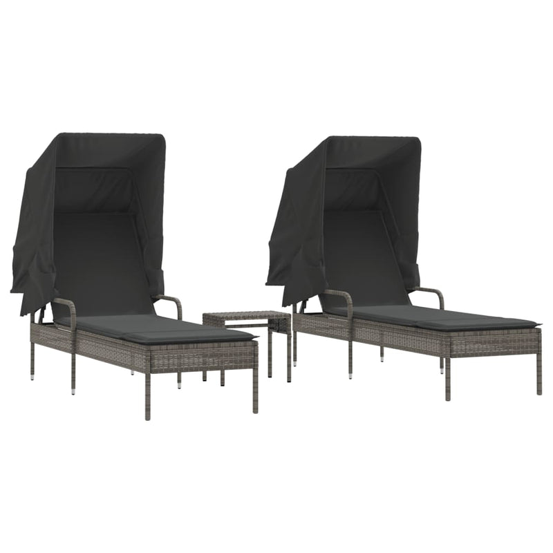 vidaXL Sun Loungers 2 pcs with Canopies and Table Grey Poly Rattan