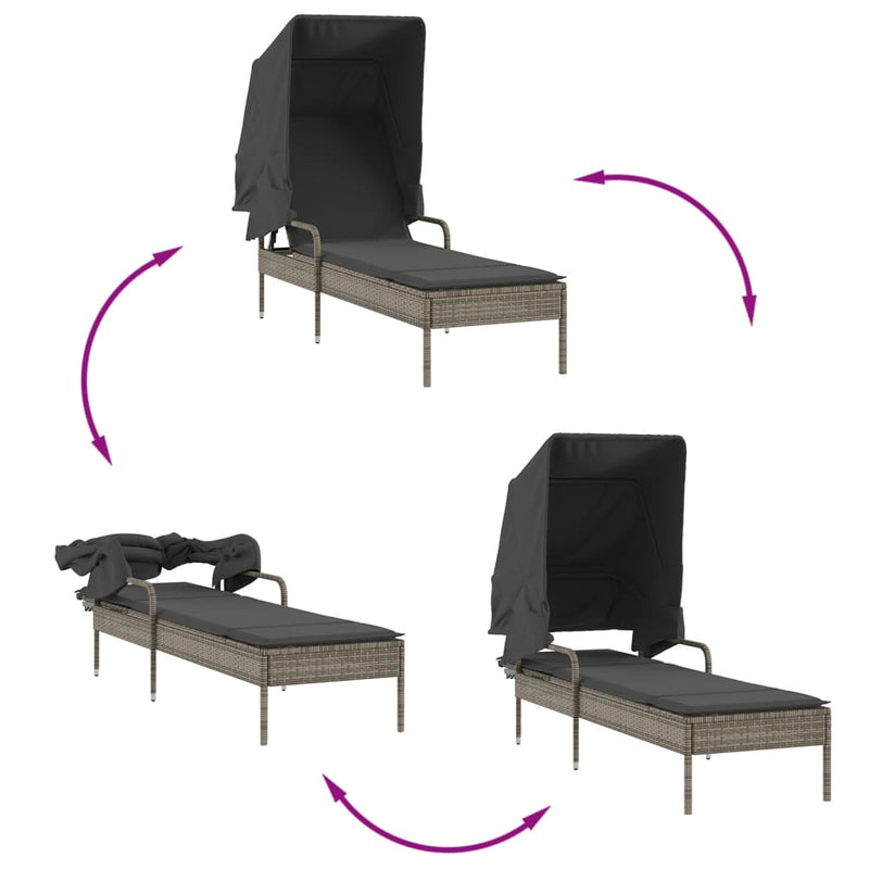 vidaXL Sun Loungers 2 pcs with Canopies and Table Grey Poly Rattan