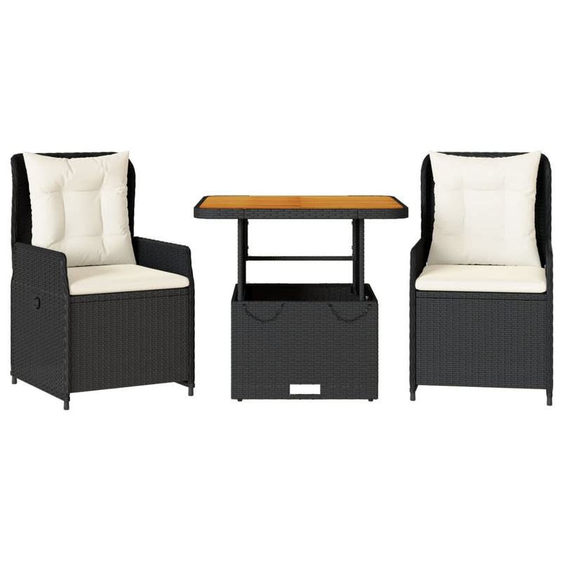 3 Piece Bistro Set with Cushions Black Poly Rattan