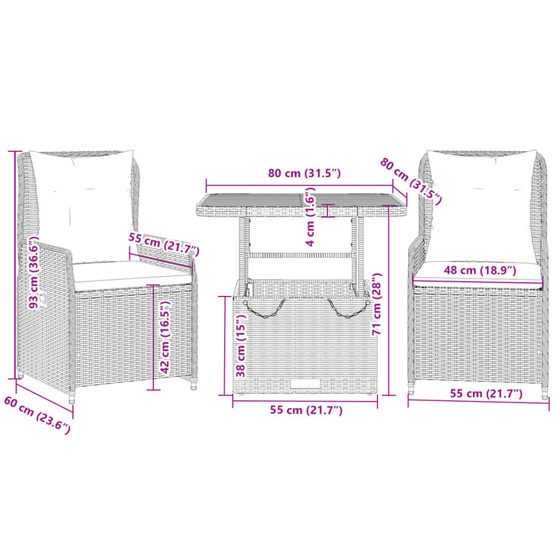 vidaXL 3 Piece Bistro Set with Cushions Black Poly Rattan