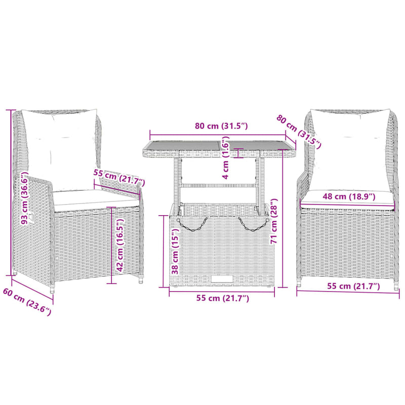 vidaXL 3 Piece Bistro Set with Cushions Grey Poly Rattan