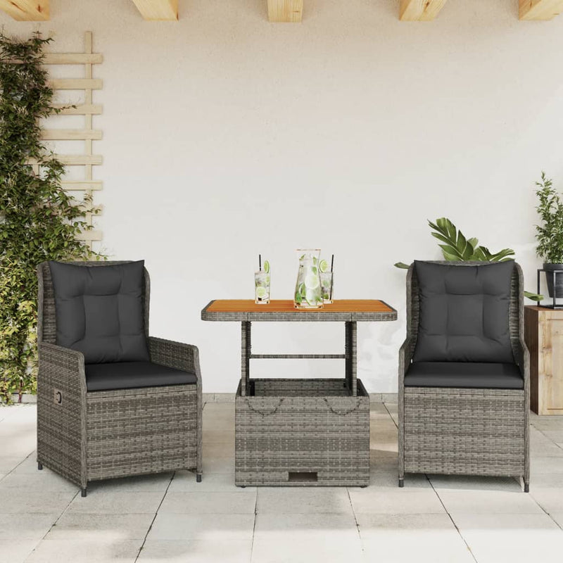 vidaXL 3 Piece Bistro Set with Cushions Grey Poly Rattan