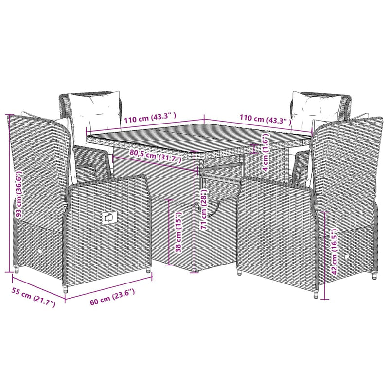 vidaXL 5 Piece Garden Dining Set with Cushions Grey Poly Rattan
