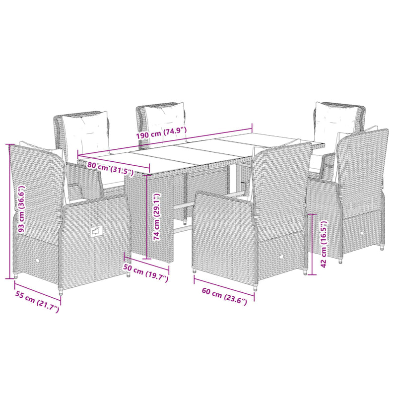 vidaXL 7 Piece Garden Dining Set with Cushions Grey Poly Rattan