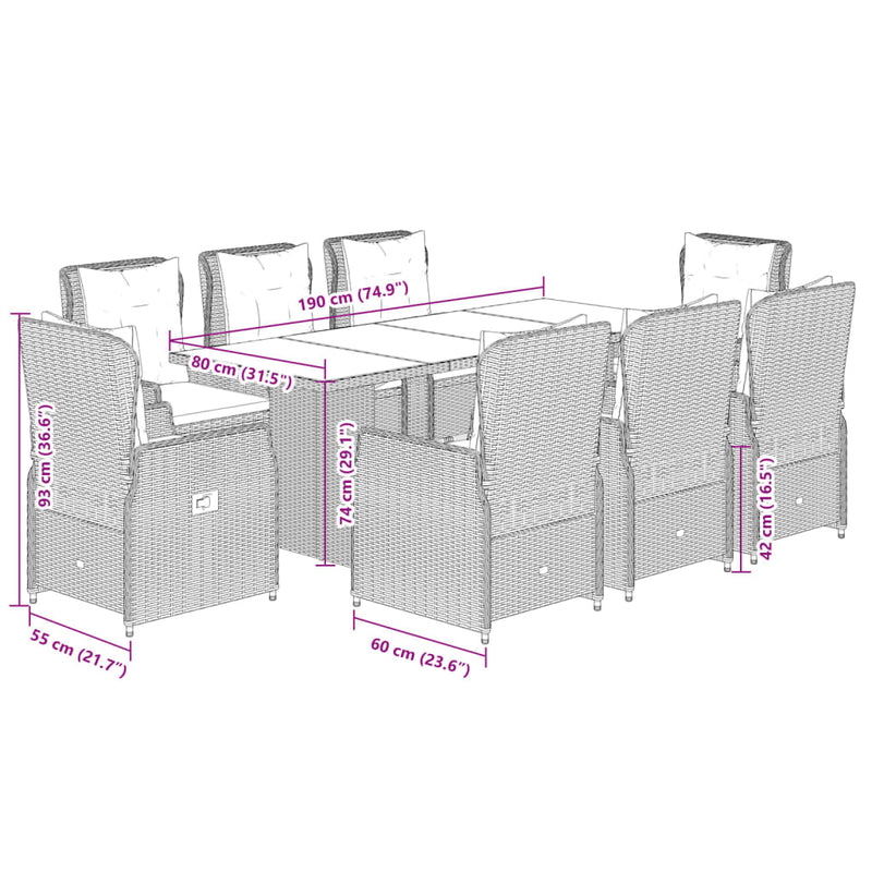 vidaXL 9 Piece Garden Dining Set with Cushions Grey Poly Rattan