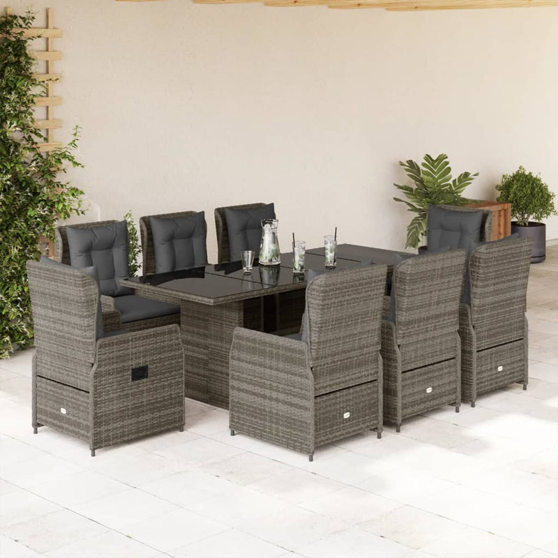 vidaXL 9 Piece Garden Dining Set with Cushions Grey Poly Rattan