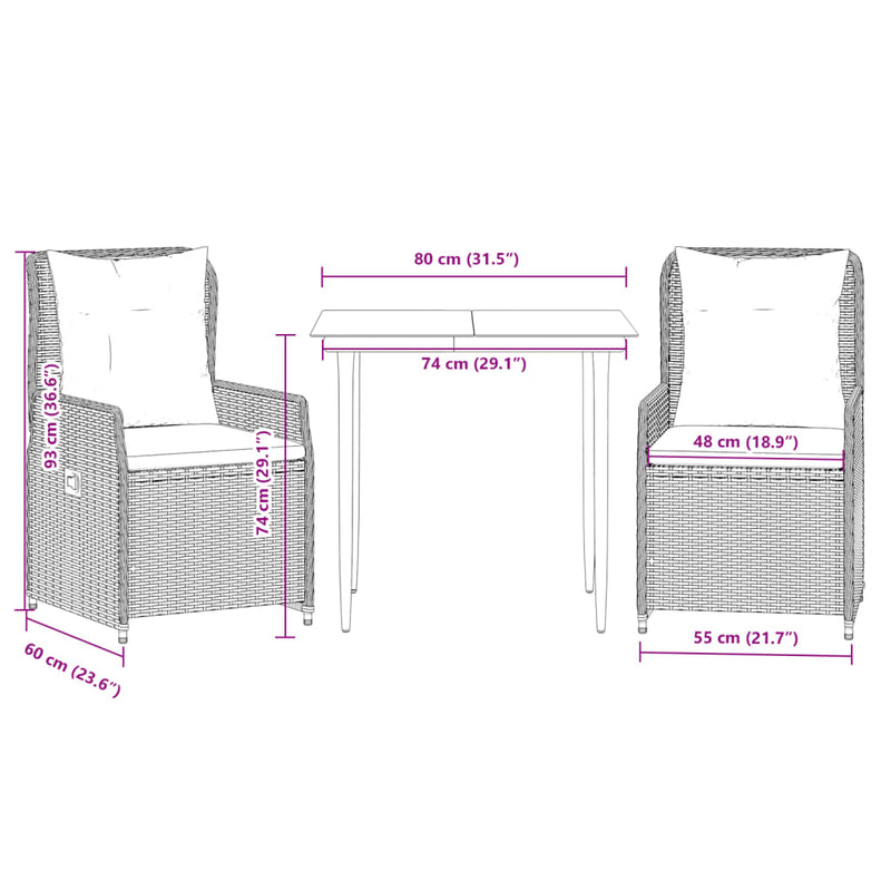 vidaXL 3 Piece Garden Dining Set with Cushions Black Poly Rattan