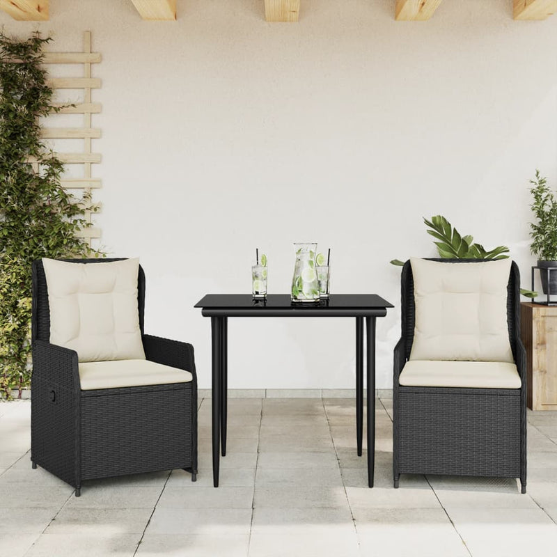 vidaXL 3 Piece Garden Dining Set with Cushions Black Poly Rattan