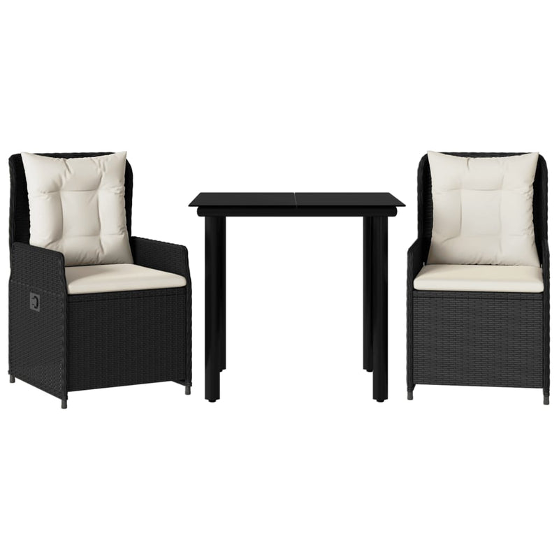 vidaXL 3 Piece Garden Dining Set with Cushions Black Poly Rattan
