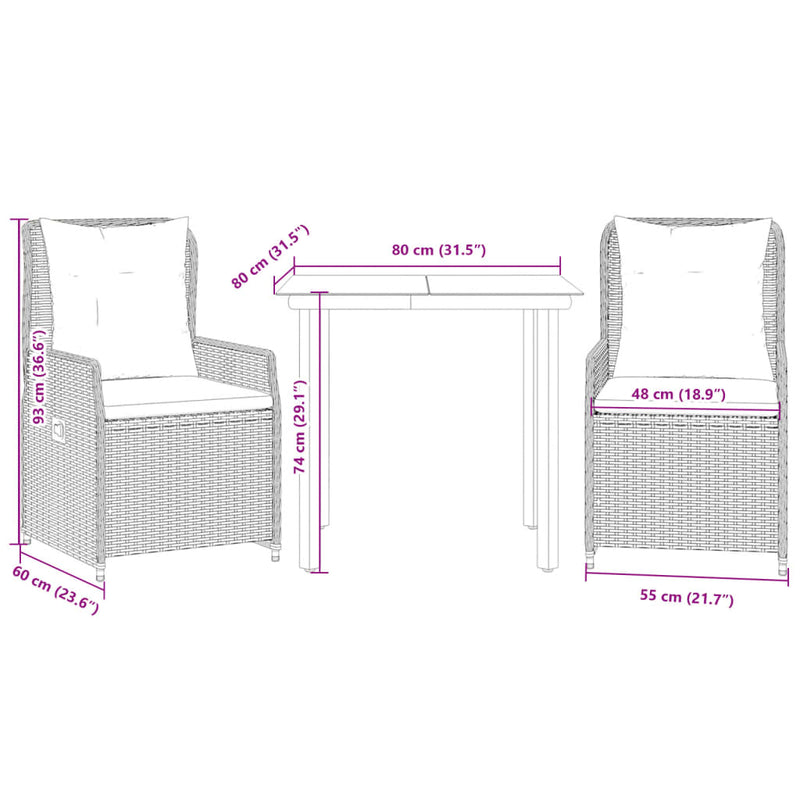 vidaXL 3 Piece Garden Dining Set with Cushions Black Poly Rattan