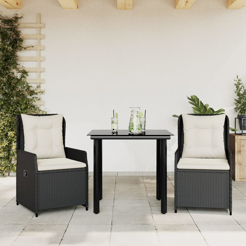 vidaXL 3 Piece Garden Dining Set with Cushions Black Poly Rattan