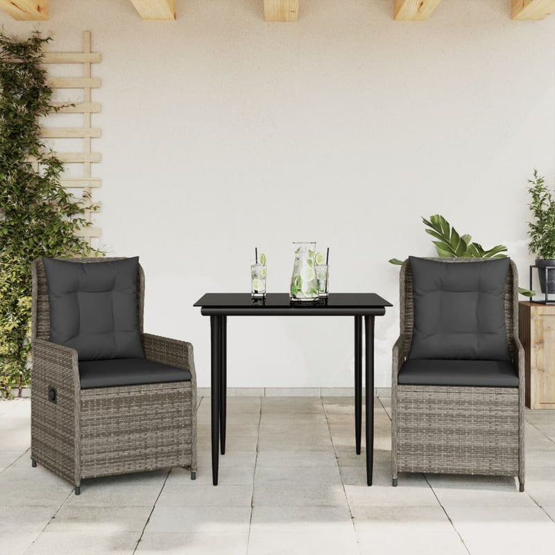 vidaXL 3 Piece Garden Dining Set with Cushions Grey Poly Rattan