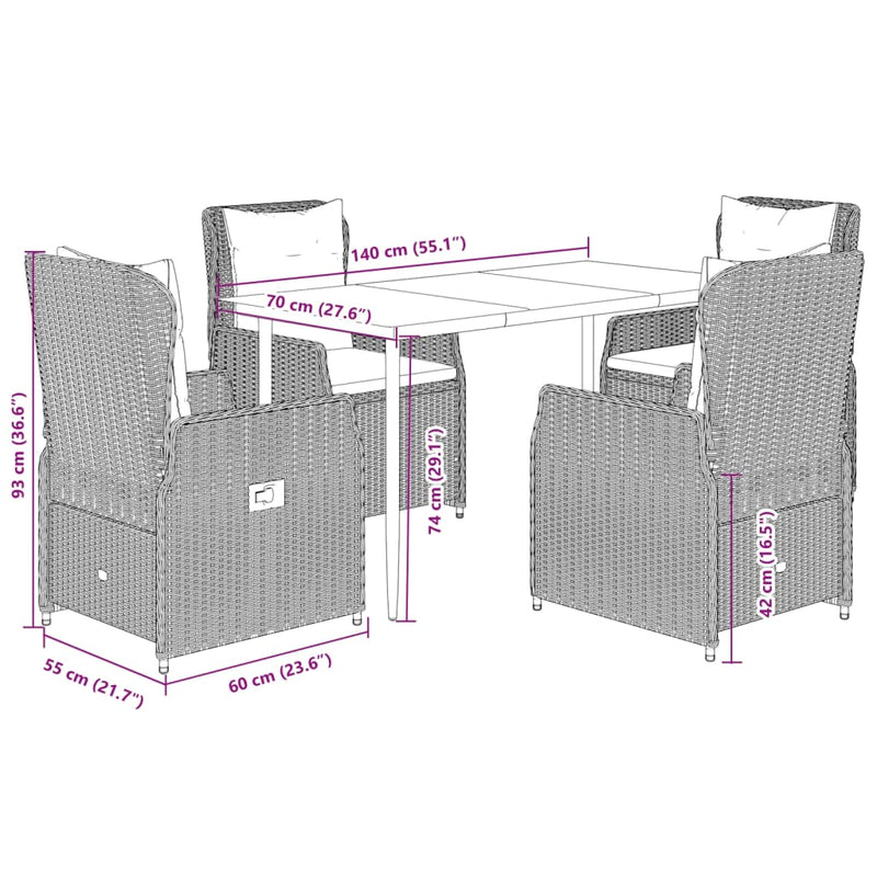 vidaXL 5 Piece Garden Dining Set with Cushions Grey Poly Rattan