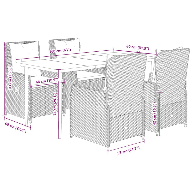 vidaXL 5 Piece Garden Dining Set with Cushions Grey Poly Rattan