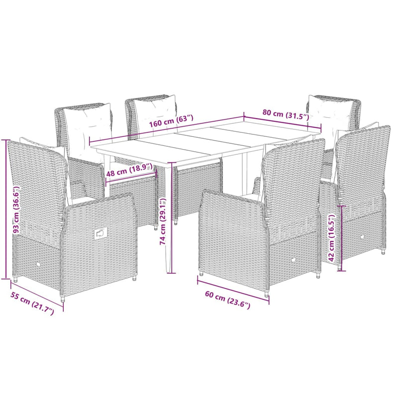 vidaXL 7 Piece Garden Dining Set with Cushions Grey Poly Rattan