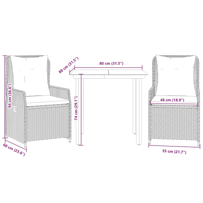 vidaXL 3 Piece Garden Dining Set with Cushions Grey Poly Rattan