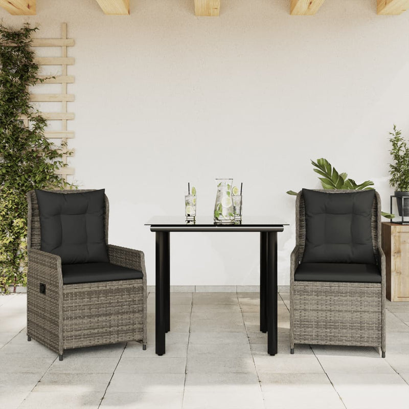 vidaXL 3 Piece Garden Dining Set with Cushions Grey Poly Rattan