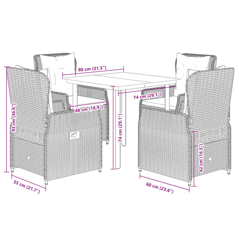 vidaXL 5 Piece Garden Dining Set with Cushions Grey Poly Rattan