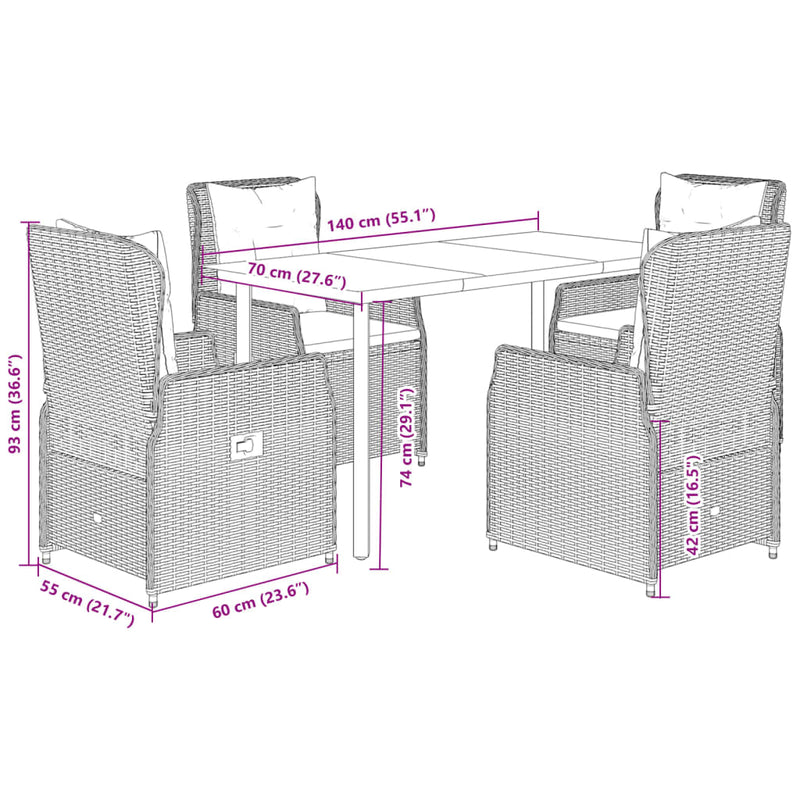 vidaXL 5 Piece Garden Dining Set with Cushions Grey Poly Rattan