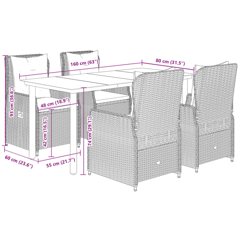 vidaXL 5 Piece Garden Dining Set with Cushions Grey Poly Rattan