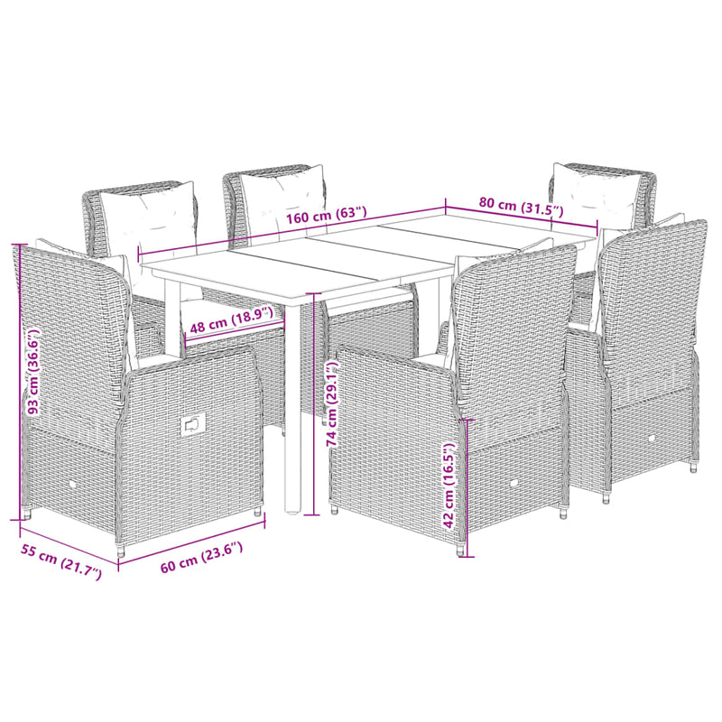 vidaXL 7 Piece Garden Dining Set with Cushions Grey Poly Rattan