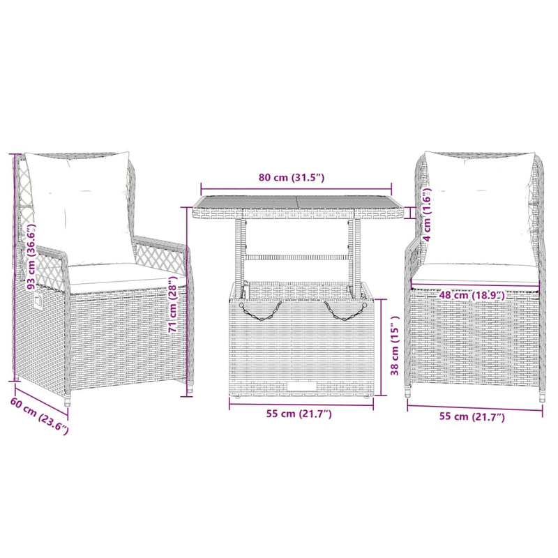 vidaXL 3 Piece Garden Dining Set with Cushions Grey Poly Rattan