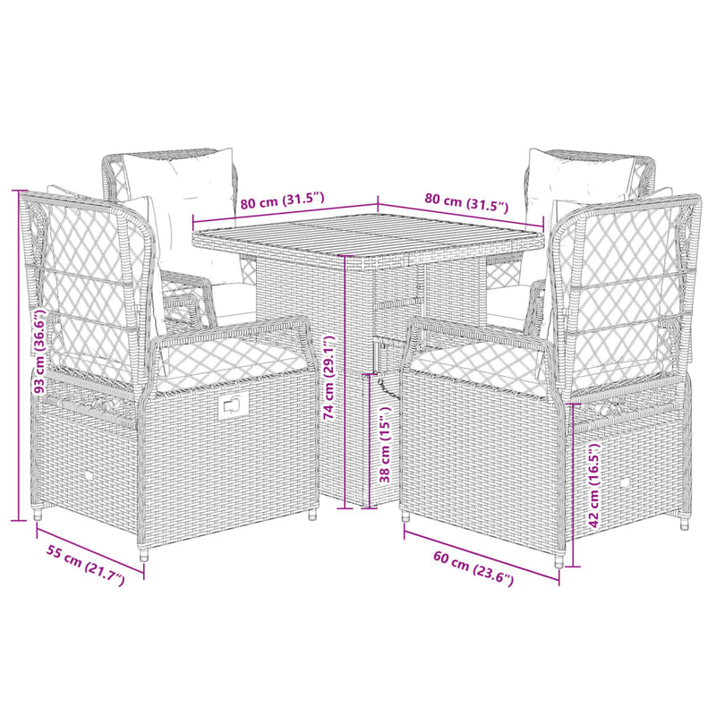 vidaXL 5 Piece Garden Dining Set with Cushions Grey Poly Rattan