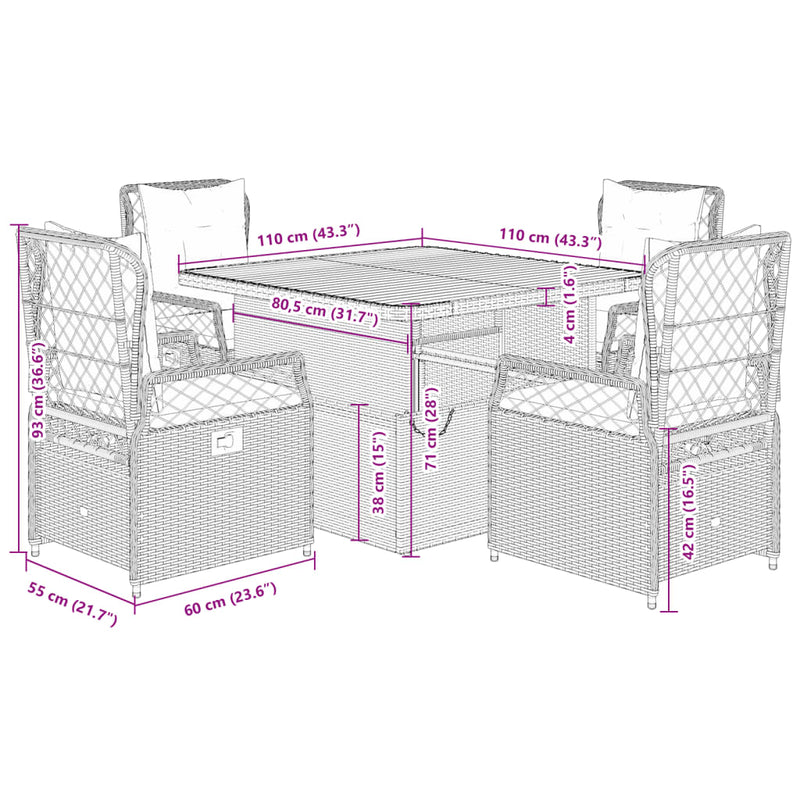 vidaXL 5 Piece Garden Dining Set with Cushions Grey Poly Rattan