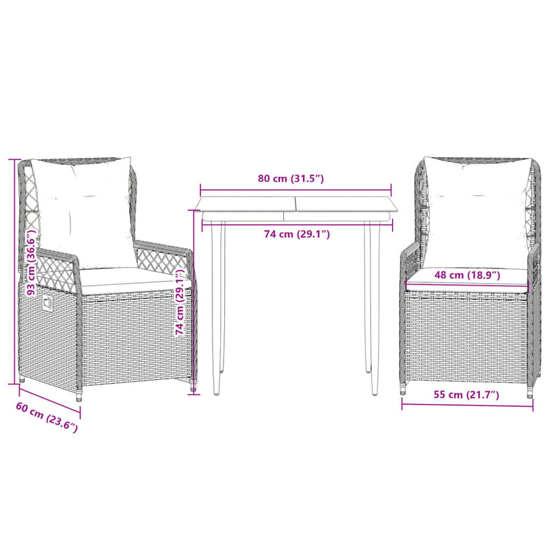 vidaXL 3 Piece Garden Dining Set with Cushions Grey Poly Rattan