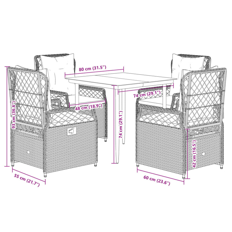 vidaXL 5 Piece Garden Dining Set with Cushions Grey Poly Rattan