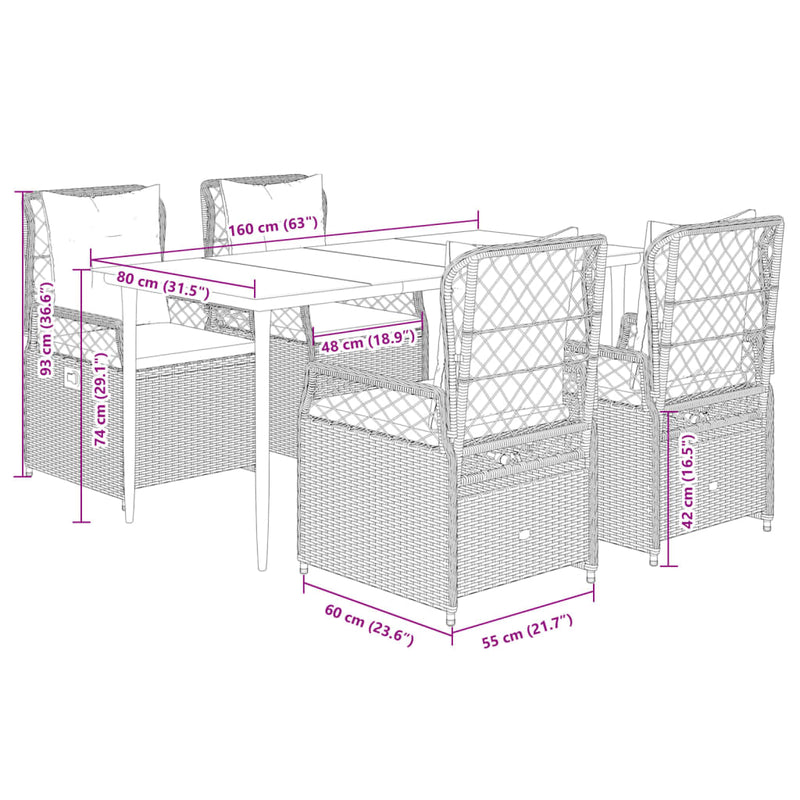 vidaXL 5 Piece Garden Dining Set with Cushions Grey Poly Rattan