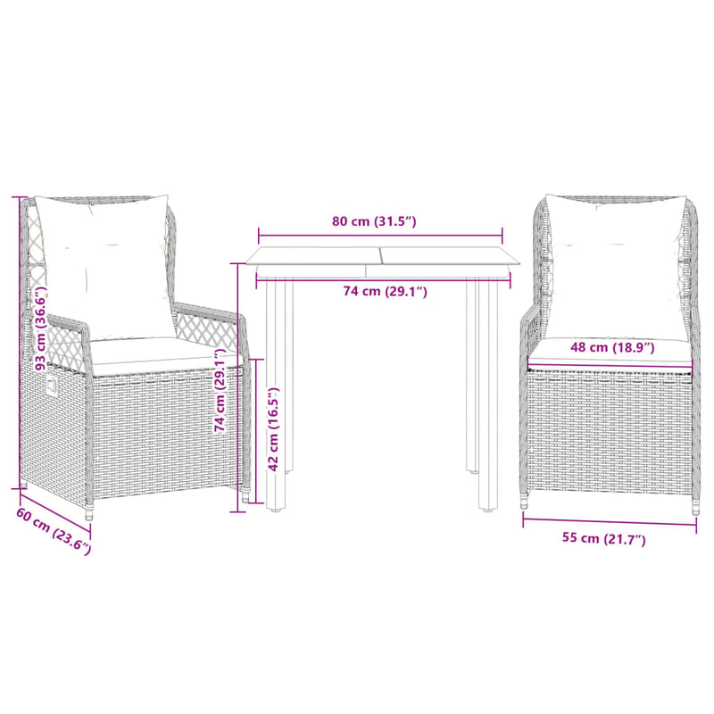 vidaXL 3 Piece Garden Dining Set with Cushions Grey Poly Rattan