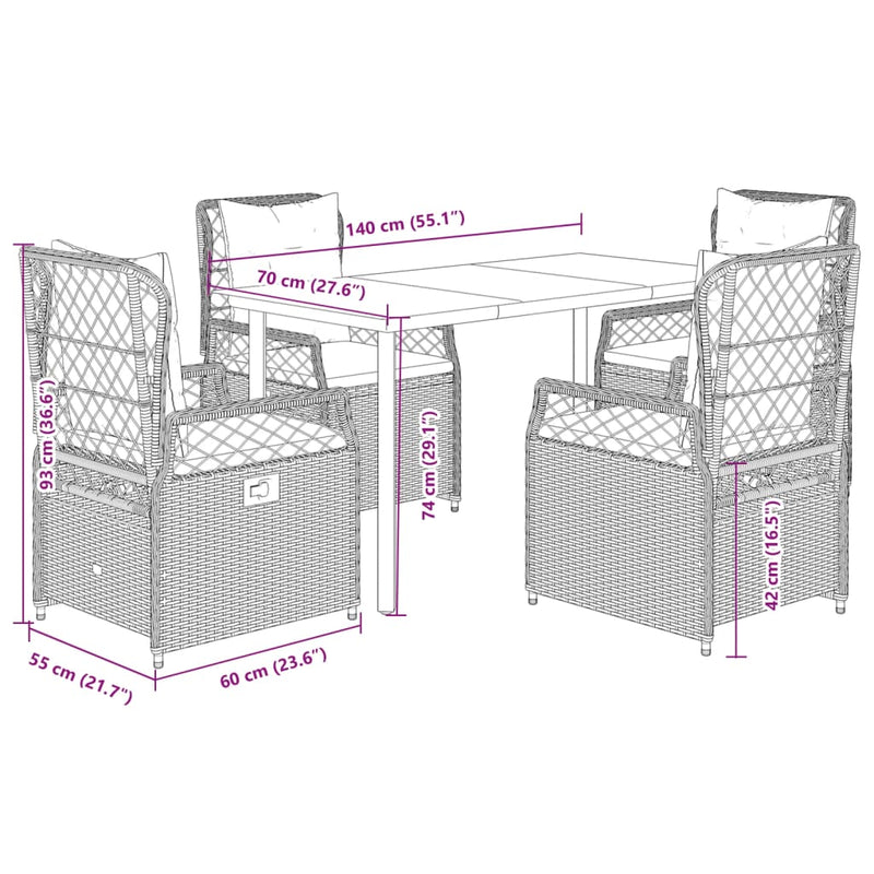 vidaXL 5 Piece Garden Dining Set with Cushions Grey Poly Rattan