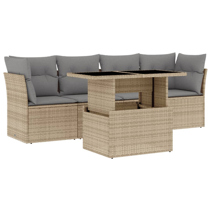 5 Piece Garden Sofa Set with Cushions Beige Poly Rattan