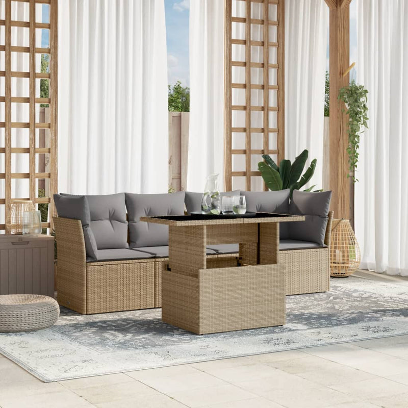 5 Piece Garden Sofa Set with Cushions Beige Poly Rattan