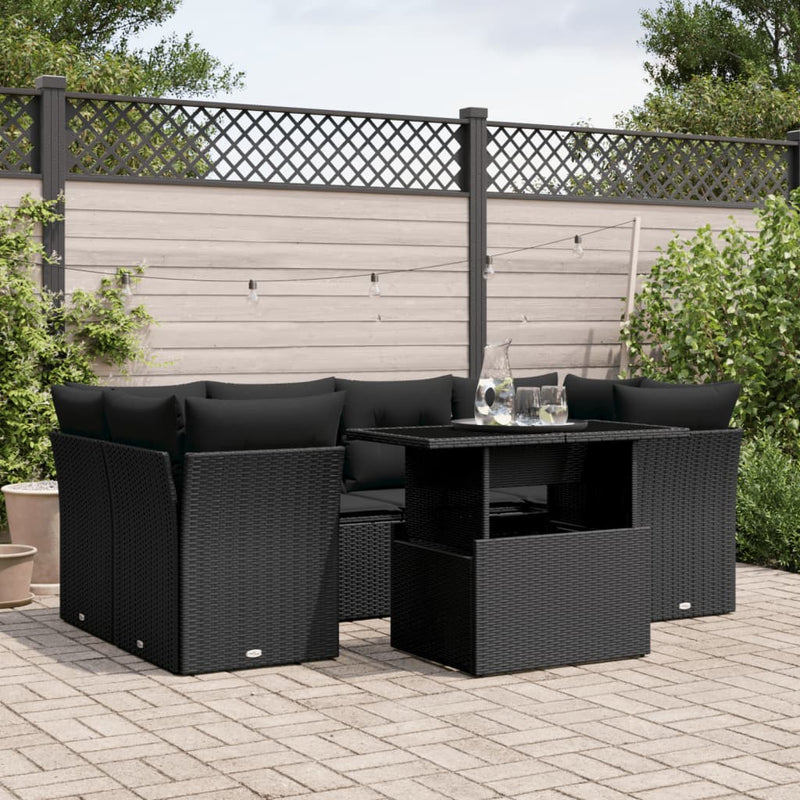 vidaXL 7 Piece Garden Sofa Set with Cushions Black Poly Rattan