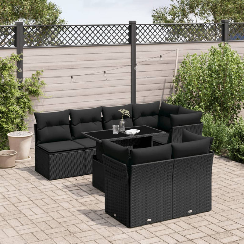 vidaXL 8 Piece Garden Sofa Set with Cushions Black Poly Rattan