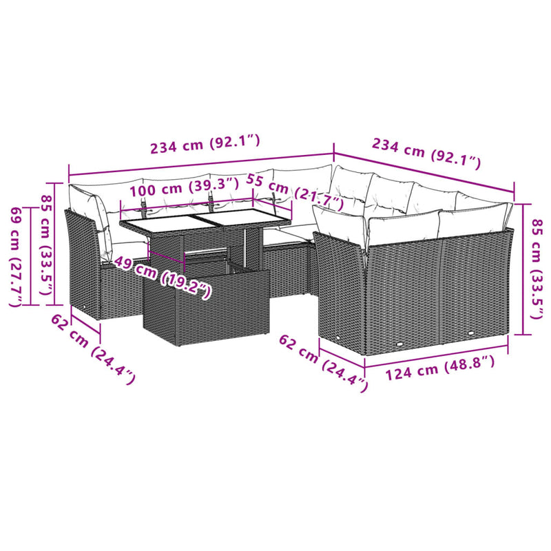 vidaXL 9 Piece Garden Sofa Set with Cushions Grey Poly Rattan