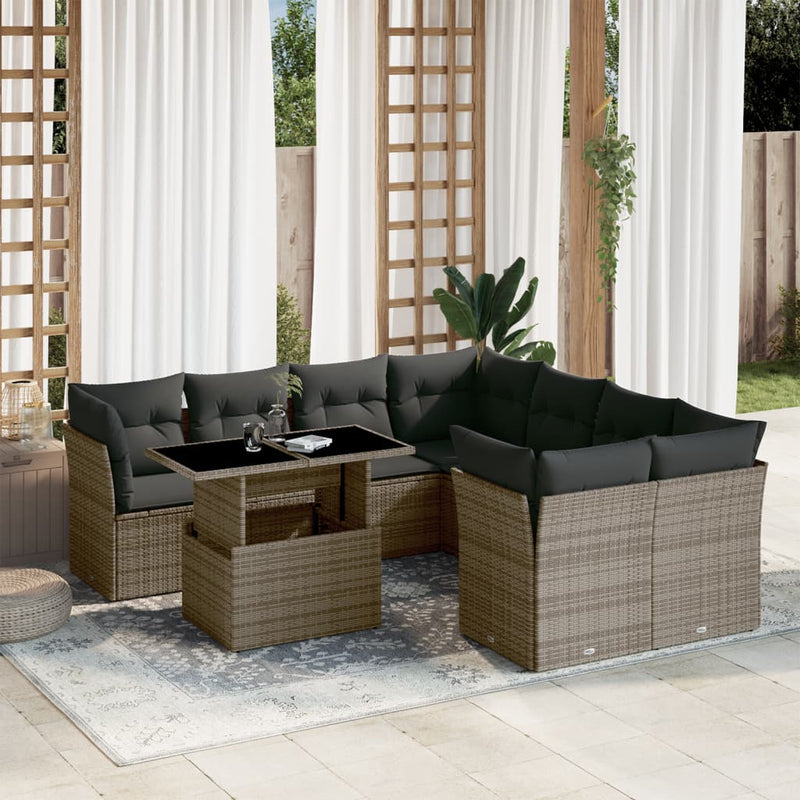 vidaXL 9 Piece Garden Sofa Set with Cushions Grey Poly Rattan